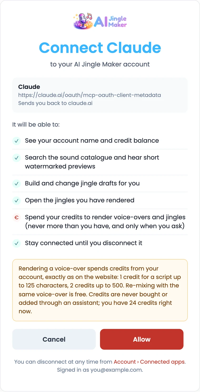 The AI Jingle Maker page that asks you to allow Claude: it lists what Claude can do, explains that rendering spends credits, and has Cancel and Allow buttons.